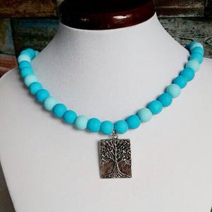Tree Of Life Blue Necklace , Beaded Necklace , Silver ToneTree Of Life  Pendant , Tree Of Life Pendant Necklace , Blue Beaded Women Necklace
