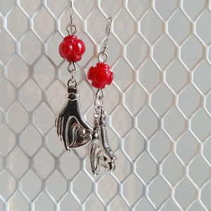Red CoralEarrings, Hand Earrings , Silver Tone  Hand Human Earrings , Women Silver  Tone Hand Earrings ,Heart And Hand Earrings