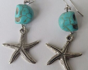 Turquoise Skulls Earrings , Day of the Dead Earrings , Dangle collection , Blue Sugar Skulls ,  Star Fish Earrings