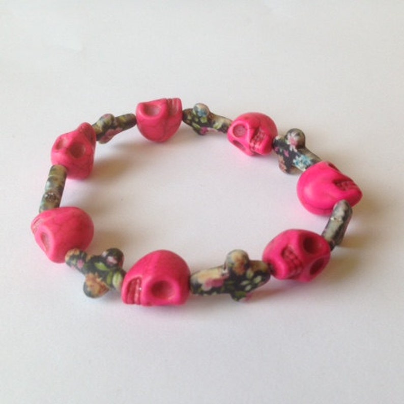 Turquoise Pink Sugar Skull Stone Skulls Inspired Bracelet Multi Color Cross Day of the Dead Bracelet Dia de Muertos Bracelet