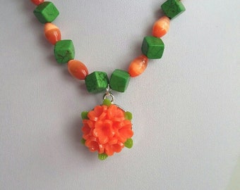 Natural Stone Howlite Necklace, Orange Howlite Necklace, Flower Pendant Necklace, Green Howlite Women Necklace, Chain Women Orange Necklace
