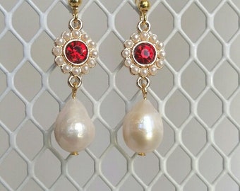 Pearl Women Earrings, Natural Stone Earrings, Pearl Flower Earrings, White Pearl Women Earrings, Red Flower  Pearl Earrings, Long Earrings