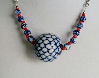 Porcelain Blue Bold Necklace, Porcelain  Necklace, White and Blue Pendant, China Blue Necklace Bold Pendant , Round Pendant, Porcelain Blue