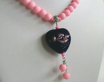 Heart Pendant Necklace, Pink Ceramic  Necklace, Pink Glass Women Necklace, Blue Heart Ceramic Pendant, Pink Women Necklace, Multi Color