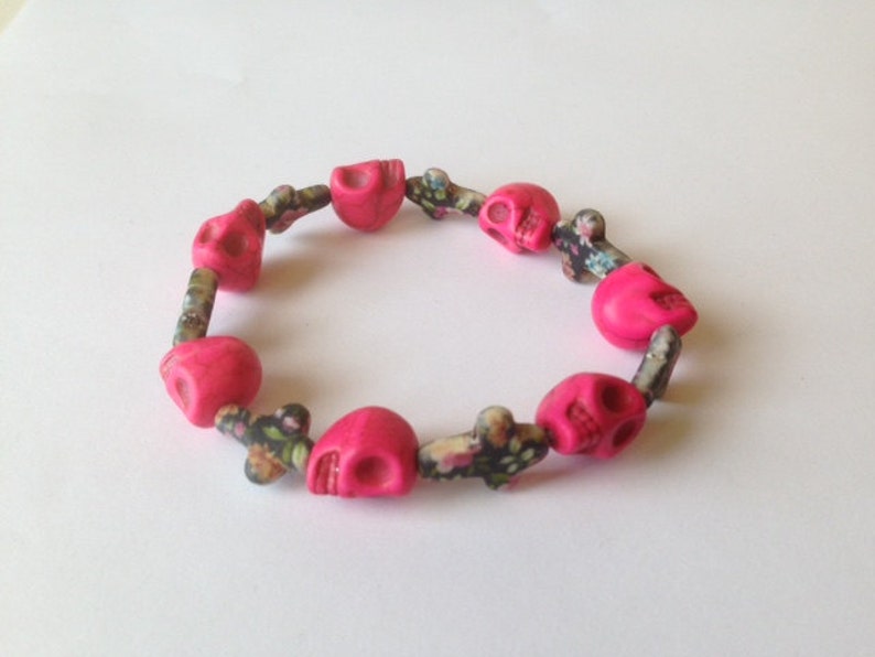Turquoise Pink Sugar Skull Stone Skulls Inspired Bracelet Multi Color Cross Day of the Dead Bracelet Dia de Muertos Bracelet