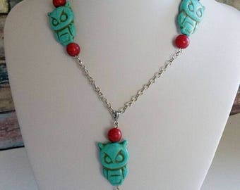 Owl Turquoise Necklace , Blue Stone Necklace , Owl Style Necklace , Chain Women Blue Turquoise Necklace , Owl Blue Natural Stone Necklace
