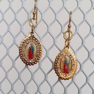 Virgin of Guadalupe Earrings, Iconic Virgin Mary Golden Tone Earrings, Golden Plated, Mary Earrings, Virgin Mary Earrings, Dangle Earrings image 1