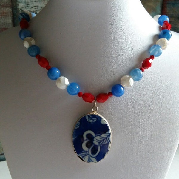 Chunk Pottery Shard Necklace, Pottery Shard Pendant , China Pendant, Ming Blue Shard , Red White &Blue Beads