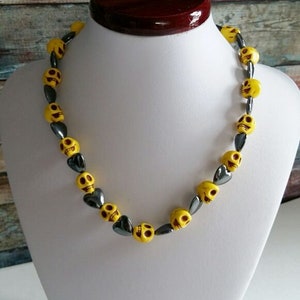 Day of the Dead Necklace , Yellow Howlite Skull , Skull Choker Necklace , Skull Natural Hematite Stone Necklace ,  Natural Stone Necklace
