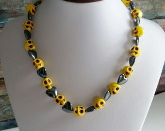 Day of the Dead Necklace , Yellow Howlite Skull , Skull Choker Necklace , Skull Natural Hematite Stone Necklace ,  Natural Stone Necklace