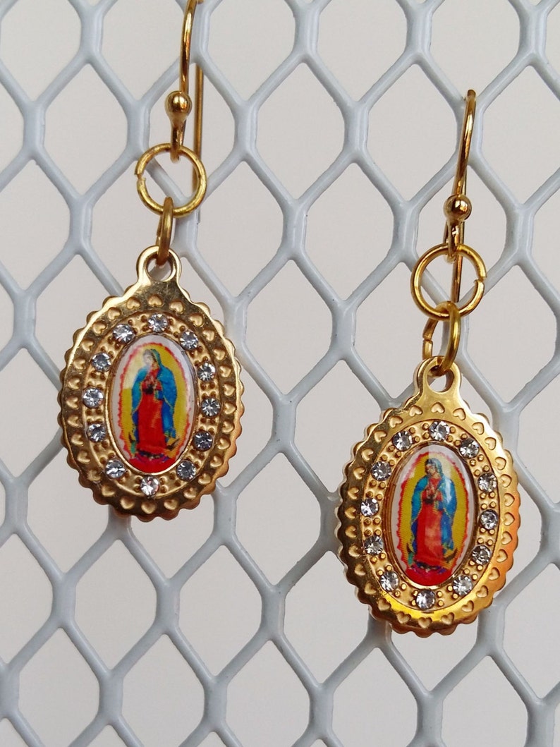 Virgin of Guadalupe Earrings, Iconic Virgin Mary Golden Tone Earrings, Golden Plated, Mary Earrings, Virgin Mary Earrings, Dangle Earrings image 4