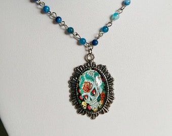 Day of the Dead  Pendant ,  Dia de Muertos Pendant,  Sugar Skull Necklace ,   Oval Day of the Dead Pendant , Antique Silver Color