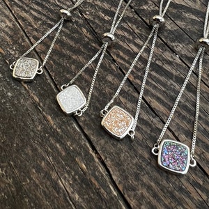 Druzy Crystal Bracelet: Adjustable Silver Box Chain, Zirconia Detail