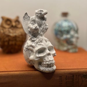 White Howlite Skull Figure - White Skull Carving with Gargoyle - White Howlite Skull