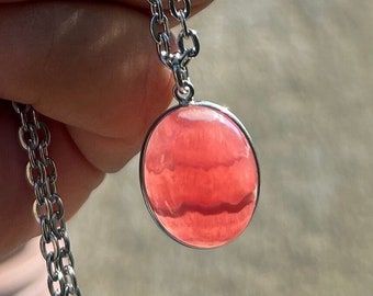 Rhodochrosite Gemstone Choker Necklace: Sterling Silver Chain