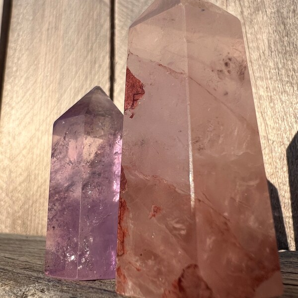 Discounted A Amethyst and Golden Healer Rose Quartz Tower Crystal Set | Amethyst and Rose Quartz Small Crystal Towers | Crystal Set