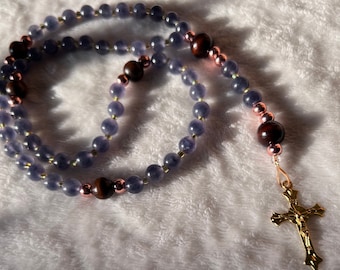 Blue Quartz Rosary with Wood Beads and Gold Cross