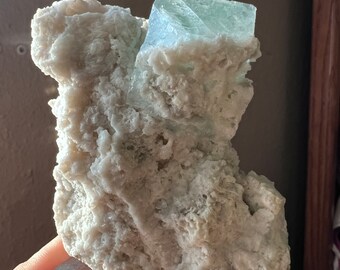 Agua Teal Green Cube Fluorite on Matrix | Aqua Cube Fluorite on Mica Chalcopyrite Matrix | Yindu Fluorite Specimen