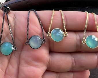 Blue Chalcedony Bracelet: Adjustable Silver Box Chain, Crystal Dangles