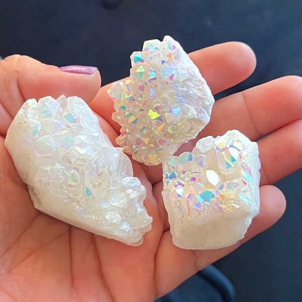 Druzy Confetti Rainbow Clusters | Confetti Quartz | White Rainbow Aura Quartz | Angel Aura Cluster