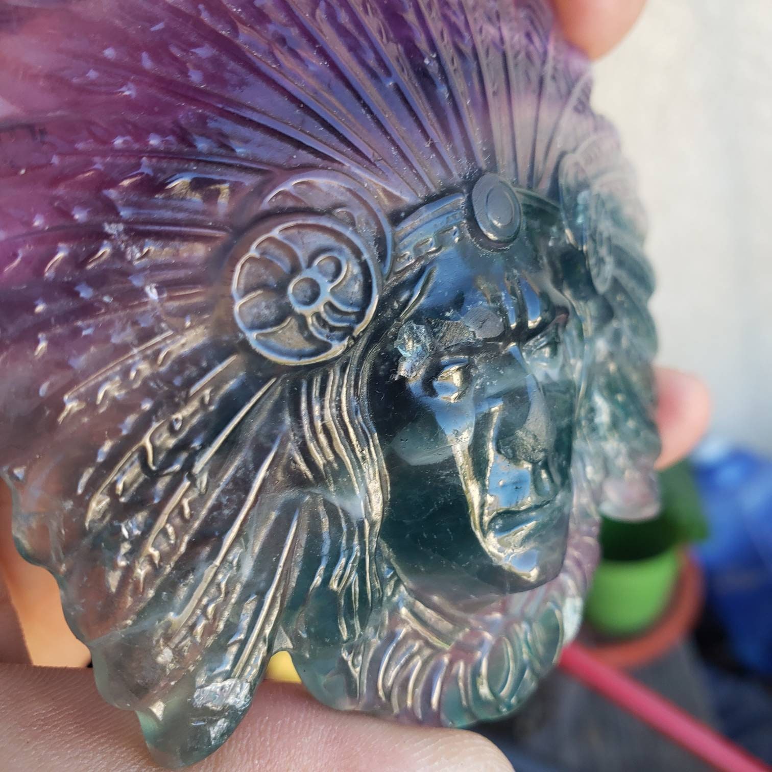 Native American Feathered Chief Rainbow Flourite Carving 