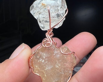 Libyan Glass Tektite and Herkimer Copper Wire Wrapped Pendant | Libyan Glass Herkimer Pendant | Copper Energy Pendant High Energy