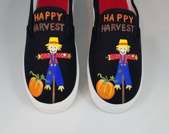 HAND PAINTED CUSTOM shoes Autumn shoes, Happy Harvest, Scarecrow shoes, Baby/Toddler, Child/Youth, and Womens Sizes, Fall shoes