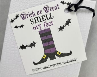 Digital gift tag, TRICK OR TREAT smell my feet tag, Happy Halloween tag, printable tag, digital download, editable tag