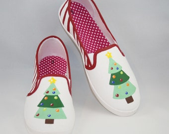 Hand PAINTED CHRISTMAS SHOES,  Christmas Tree Shoes Women's Sizes