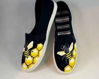 Hand PAINTED BEE SHOES,  honey comb shoes, baby, toddler, child, youth, and women's sizes