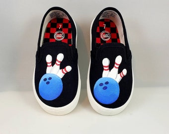 Hand Painted BOWLING design, canvas SHOES,  baby, toddler, child, youth, and women's sizes