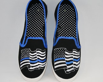 BLUE LIVES MATTER Hand Painted Shoes, American Flag Shoes, Baby/Toddler, Child/Youth, and Women Sizes, Thin Blue Line Shoes
