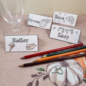 THANKSGIVING COLORING PLACECARDS, Namenskarten im Malbuchstil für Kinder, bearbeitbare, druckbare Tischkarten, digitaler Download