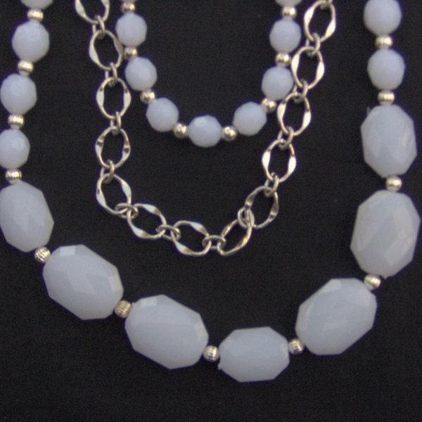 White Chunky Statement Necklace, Triple Strand Jewelry, Silver Chain Necklace, Opaque White Beaded Jewelry