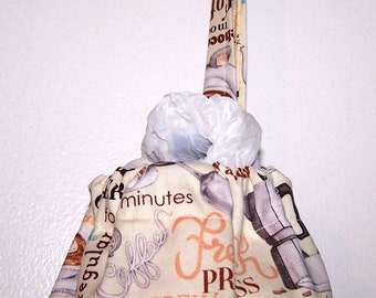 Coffee World Print Cotton Bag Holder, Fabric Plastic Bag Dispenser, Kitchen Pantry Organization