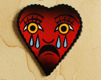 Handmade The Crying Heart Traditional Tattoo Brooch