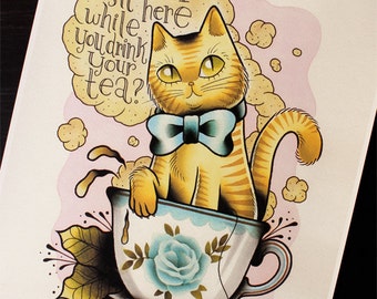 Cat in a Teacup 11"x14" Tattoo Flash Print (Other sizes available)