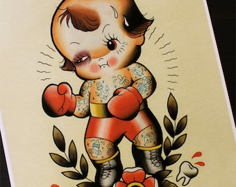 Kewpie Boxer Traditional Tattoo Flash Print 11"x14"  (Other sizes available)