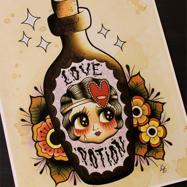 Love Potion Flapper Doll 11"x14" Tattoo Flash Print (Otros tamaños disponibles)