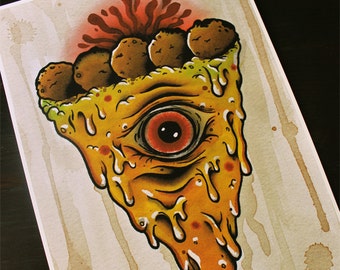 Pizza Monster 11"x14" Traditional Tattoo Flash Print (Other sizes available)