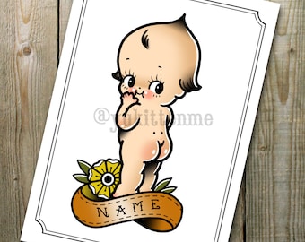 Custom Name Kewpie Doll Traditional Tattoo Flash Print A4