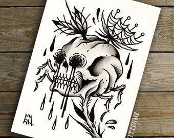 Black Skull Traditional Tattoo Flash Print 11 x 14 inches