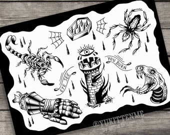 Black and White Traditional Tattoo Flash Print A3 size (11.7 x 16.5 inches)