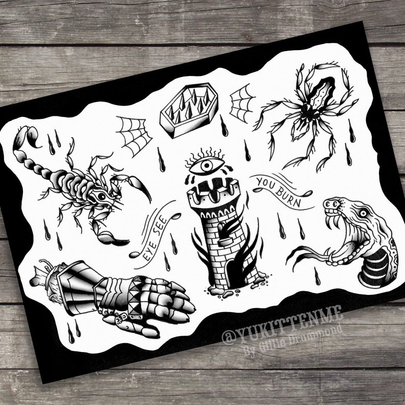 Black and White Traditional Tattoo Flash Print A3 Size 11.7 X Etsy