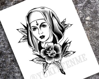 The Wicked Nun Goth Traditional Tattoo Flash Print 11 x 14 inches