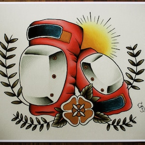 Old School Skateboard Knee Pads 11x14 Tattoo Flash Print Other sizes available image 1