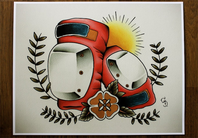 Old School Skateboard Knee Pads 11x14 Tattoo Flash Print Other sizes available image 1