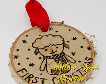 First Christmas Ornaments, wood burned natural wood slices. Many Animal choices.