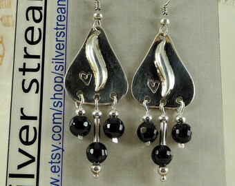 Black Onyx Dangle Silver Earring, Black Stone Sterling Earring, Heart Oval Earring, Earring Gift for Her, Black Boho Earring
