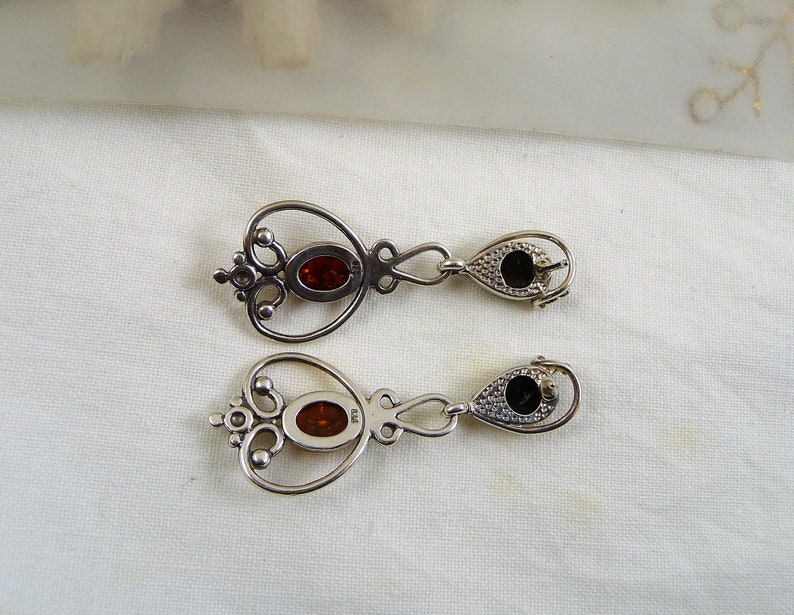 Victorian-Look Amber Post Dangle Earring Two-tone Genuine Amber Arabesque Oval Amber Hanging Earring Unique Baltic Amber Sterling Earring
